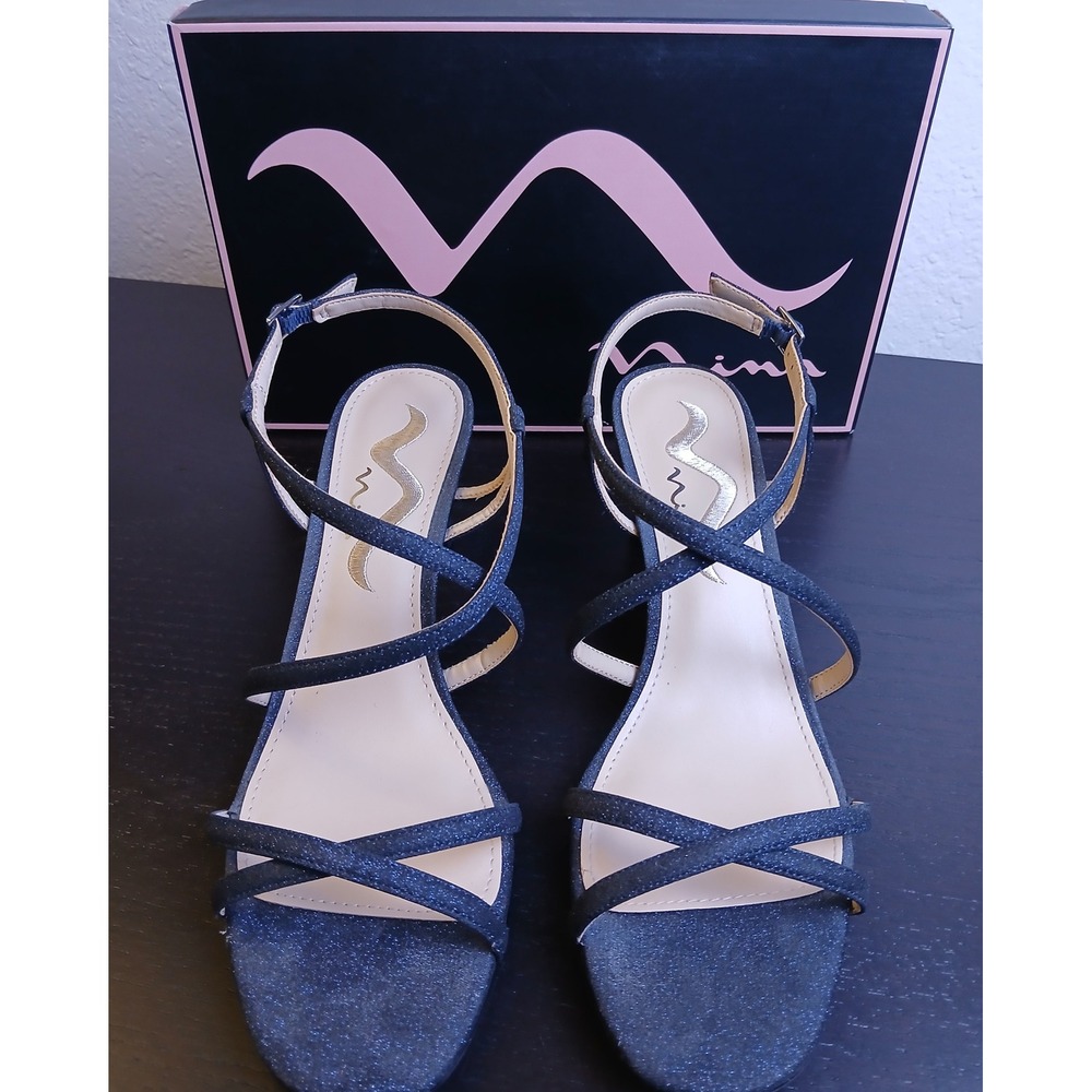Nina Berkely-YS Navy Fantasy Glitter Strappy Kitten Heel Sandals 8.5M New